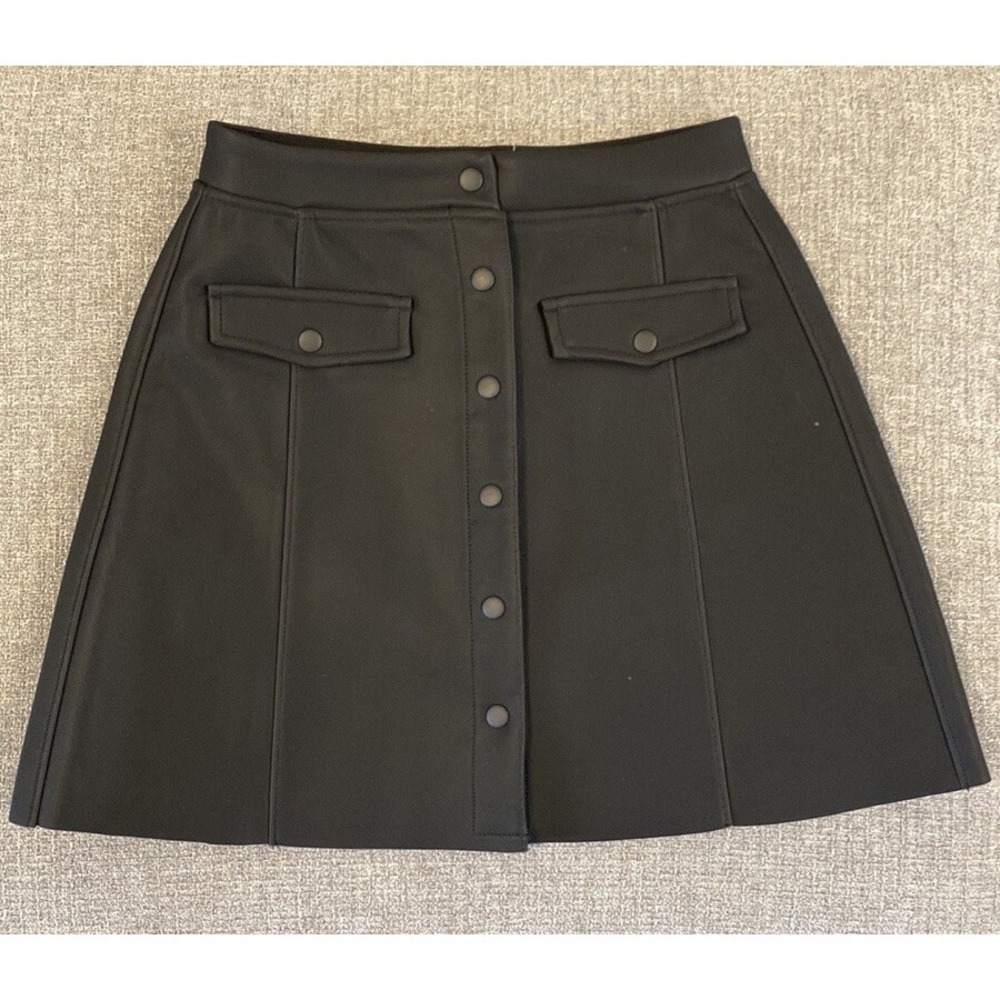 HM Faux Leather Skirt Adult Black Full Snap Front Raw Hem Womens